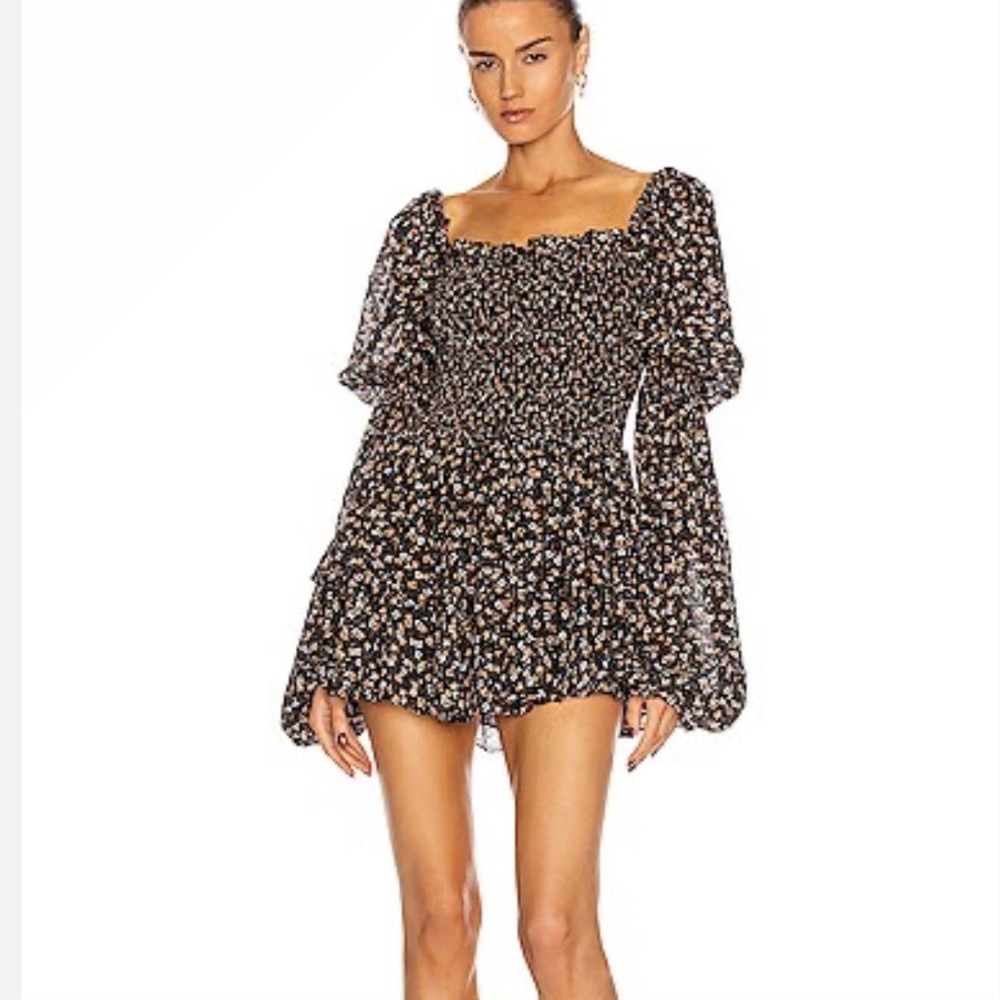 Caroline Constas XS Alexa Mini Dress Black Floral Silk Blend Smocked‎ Lagenlook